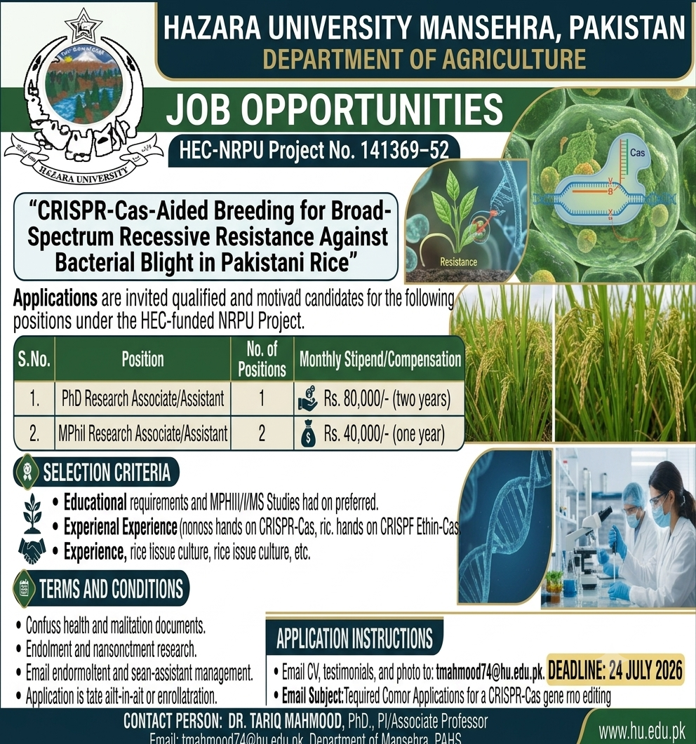 Job Opportunities: Research Associate/Assistant Positions (HEC-NRPU Project No. 141369–52) – Department of Agriculture